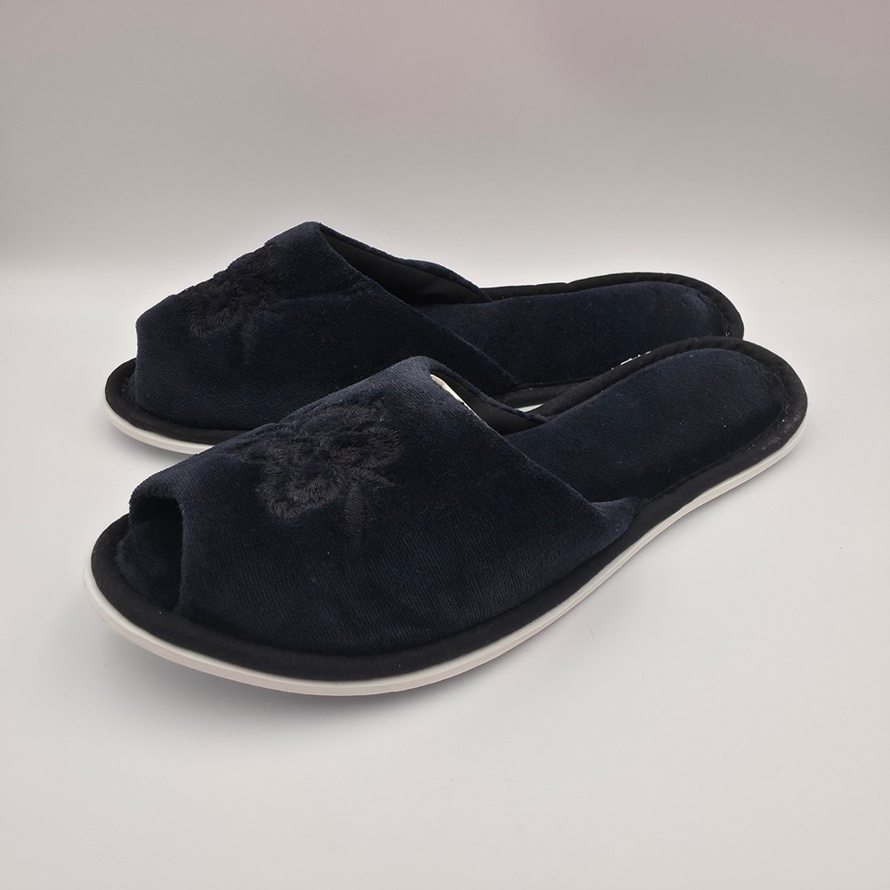 Dearfoams Navy Blue Velour Open Toe Slippers Floral Embroidery Medium 6.5-7.5